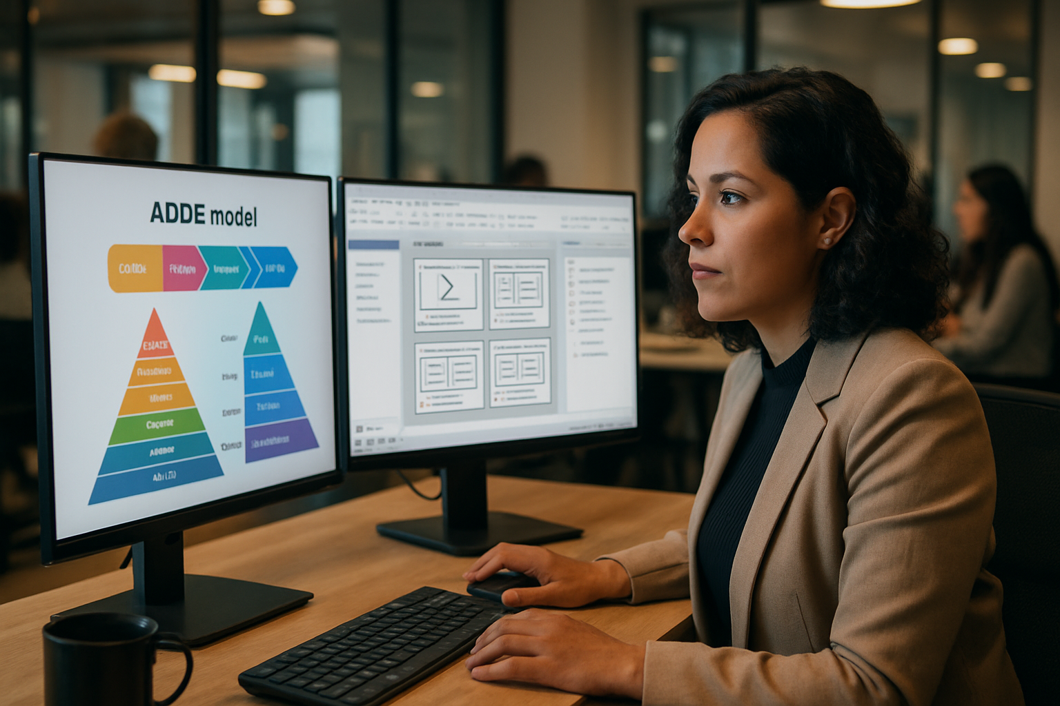 Diseñador instruccional revisando storyboard en pantalla con diagrama del modelo ADDIE y taxonomía de Bloom visible, en oficina corporativa de LATAM.