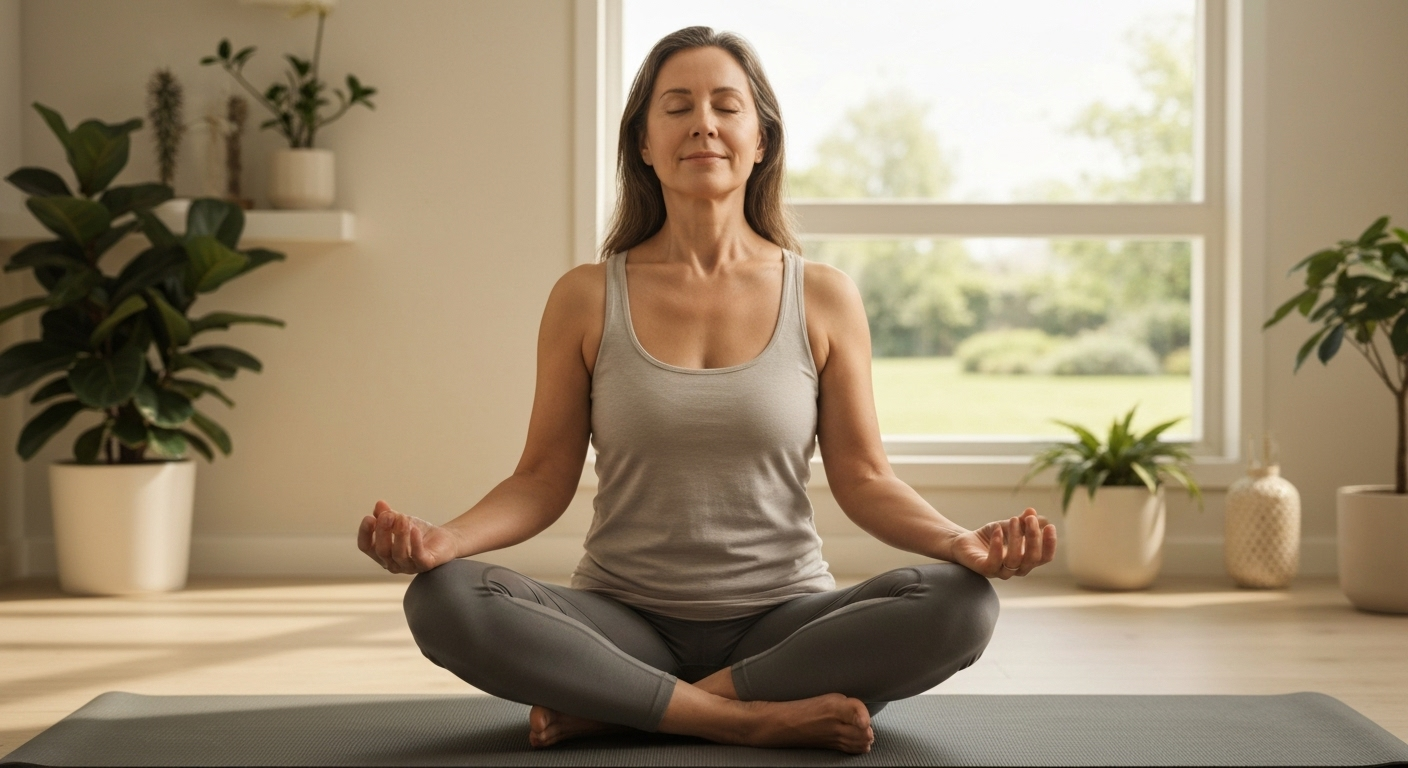 Person meditating in peaceful room, sunlit, calm expression. Yoga mat and plants present.