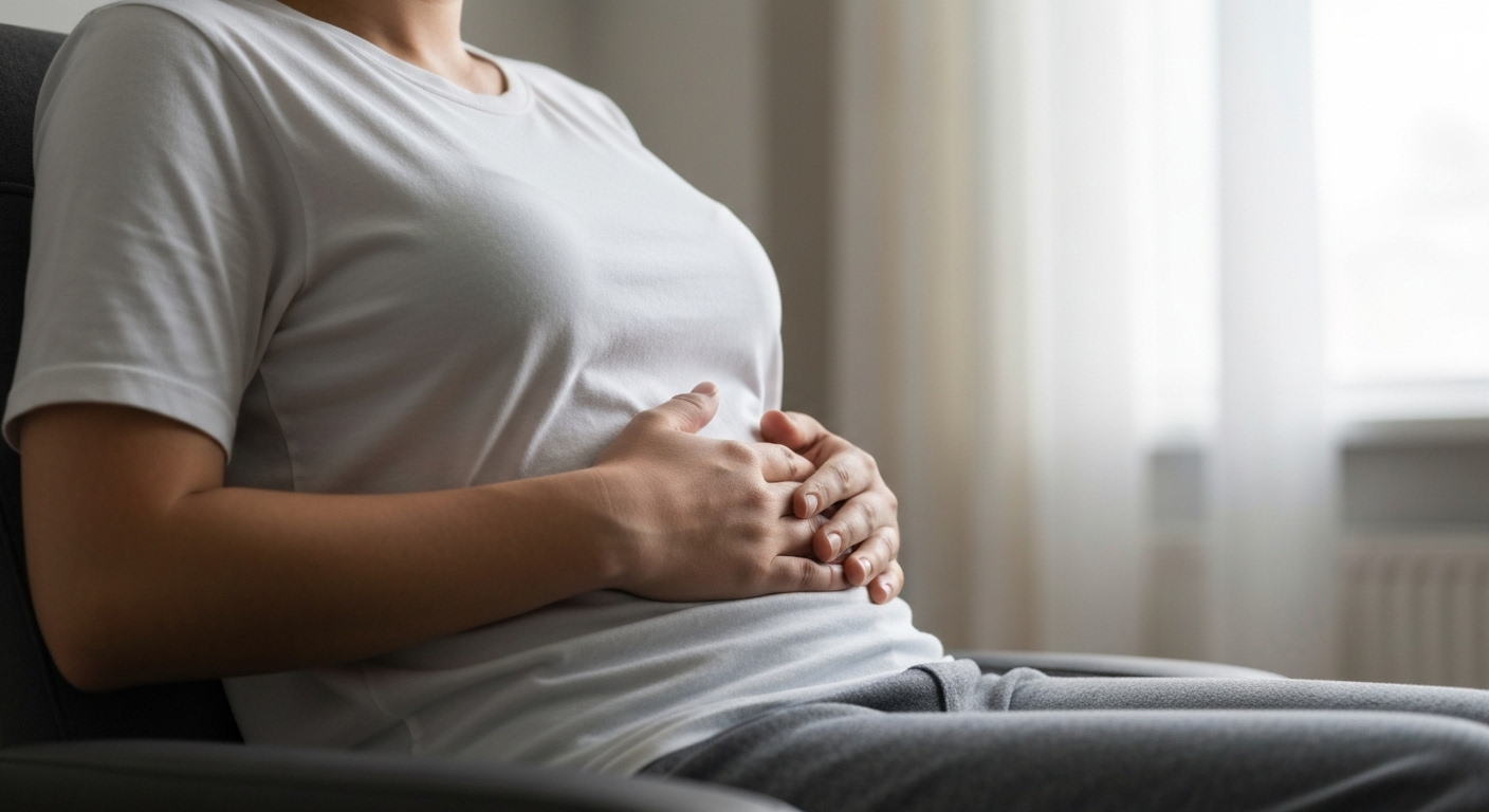 Person practicing diaphragmatic breathing, hands on stomach, demonstrating calming technique for anger management.