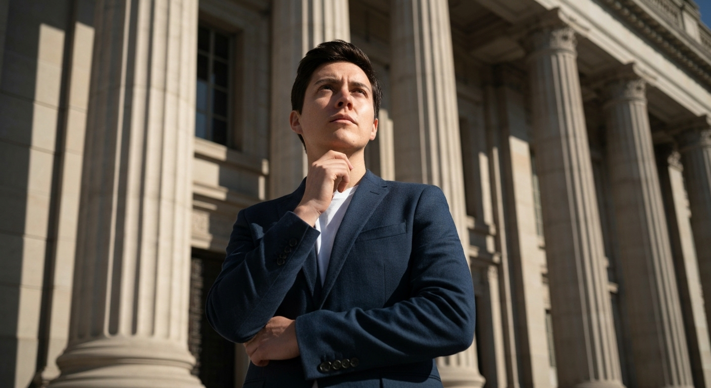 Person thoughtfully observing a grand building, symbolizing integrity, justice, and self-reflection.