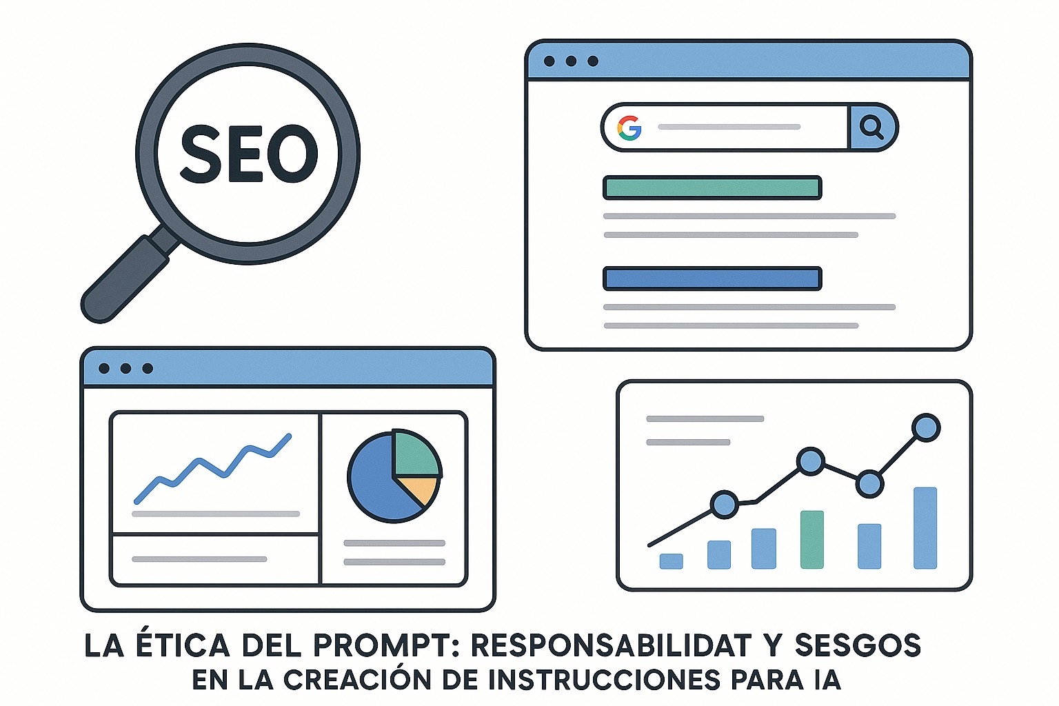 Representación visual de un prompt engineer analizando las implicaciones éticas de un prompt, con líneas conectando palabras clave a posibles sesgos y resultados en un modelo de IA.