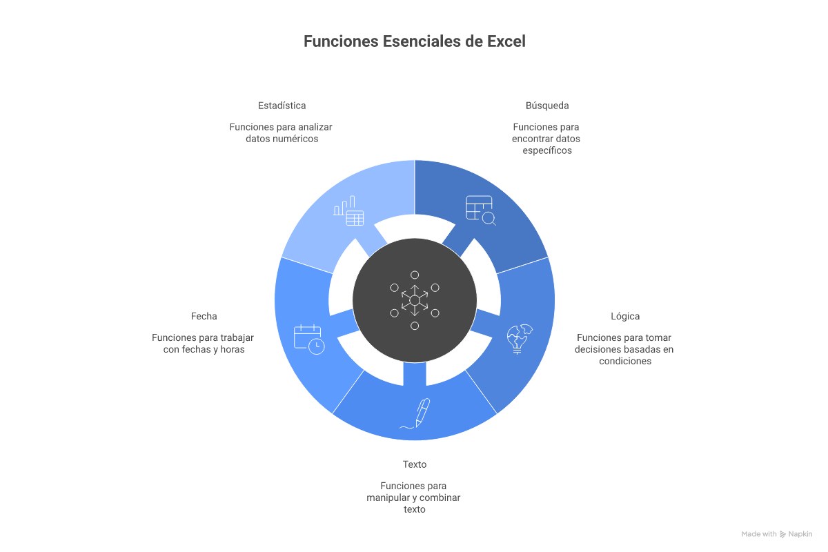 Infografía con mapa visual de las 20 funciones de Excel organizadas por categoría: búsqueda, lógica, texto, fecha y estadística