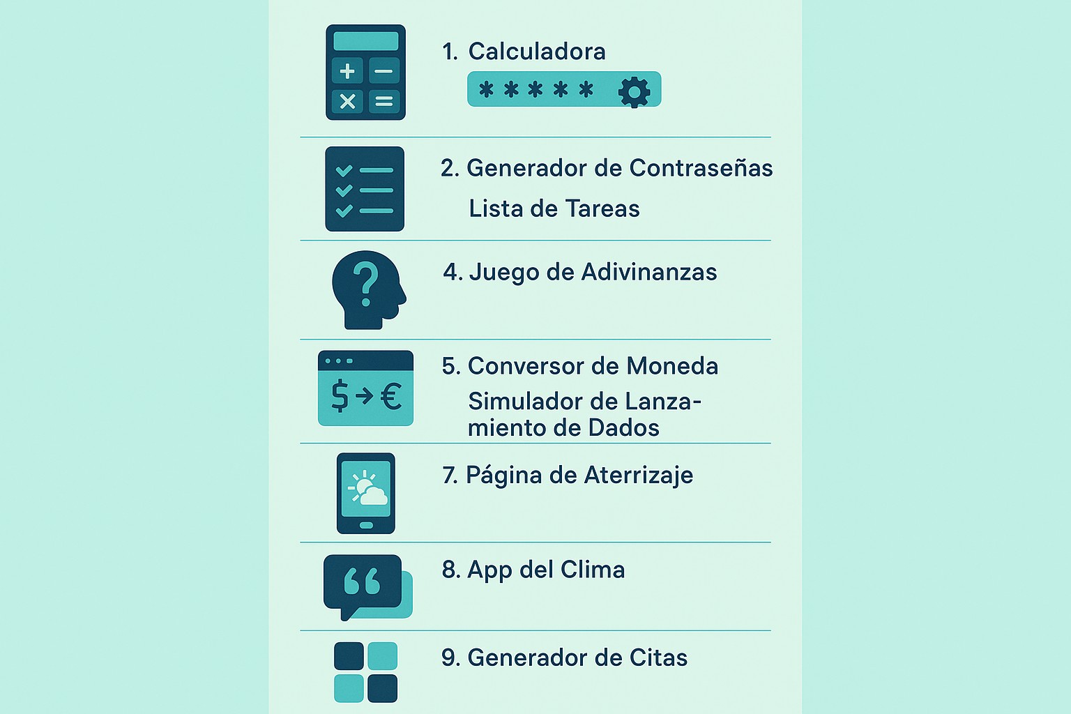 Infografía: guía visual con conceptos y datos clave sobre 10 ideas de proyectos de programación para principiantes para practicar