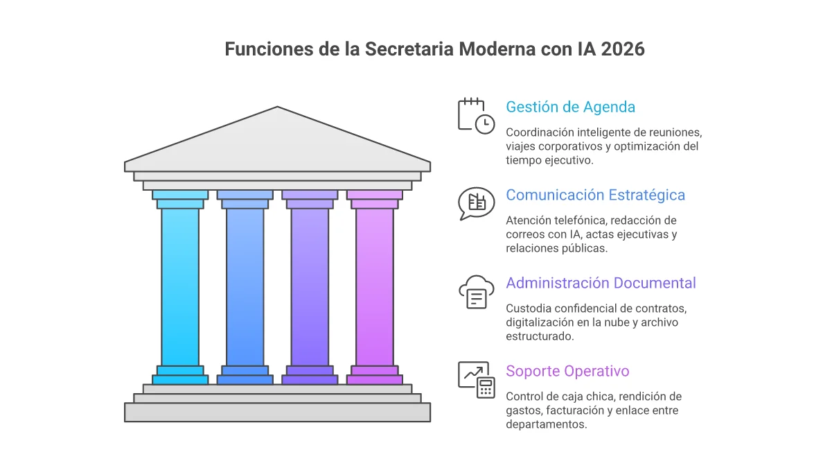 Infografía: Mapa de funciones de la secretaria moderna con IA en 2026