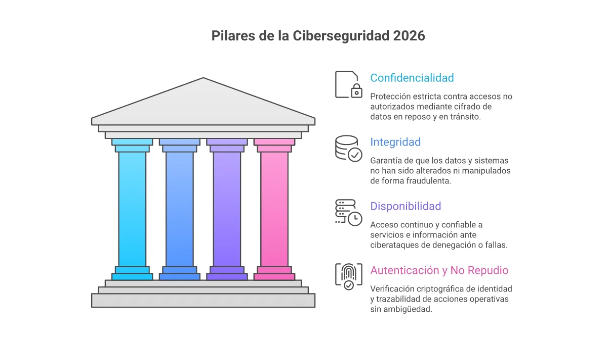 Infografía La Tríada CIA y los Pilares de la Ciberseguridad 2026