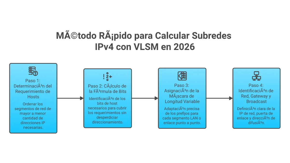 Infografía Guía Práctica de Subredes IPv4 y Máscaras VLSM 2026