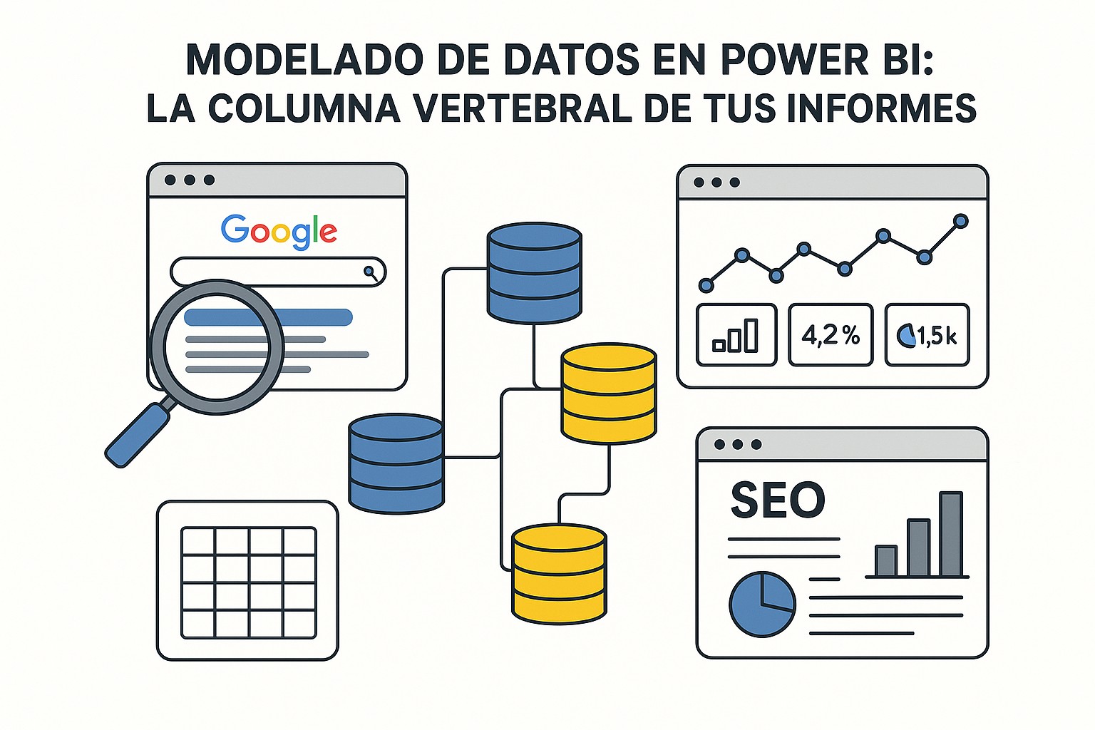 Visualización de un esquema de estrella en Power BI mostrando tablas de hechos y dimensiones interconectadas