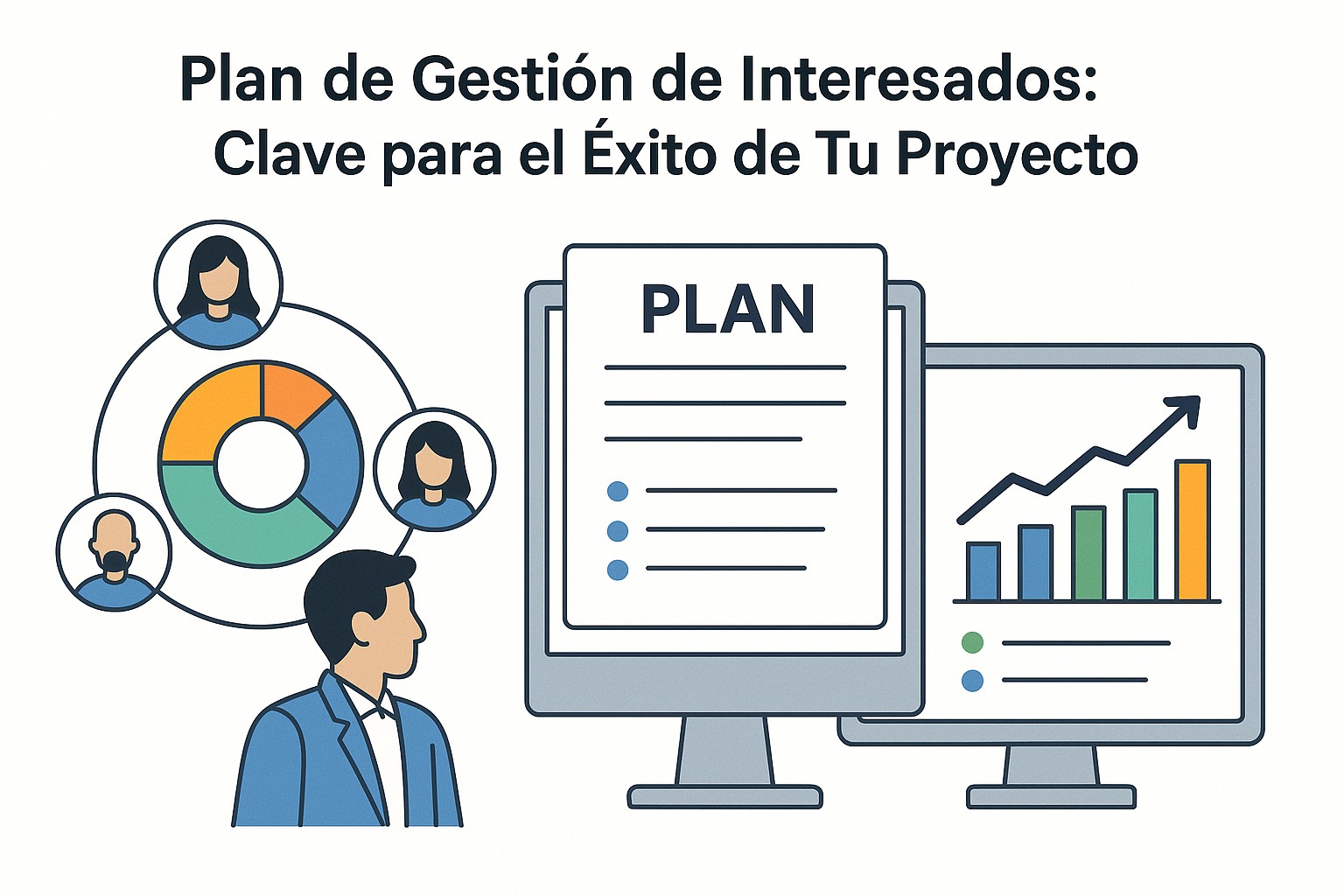 Equipo de proyecto interactuando y comunicándose con varios interesados en una mesa de reuniones