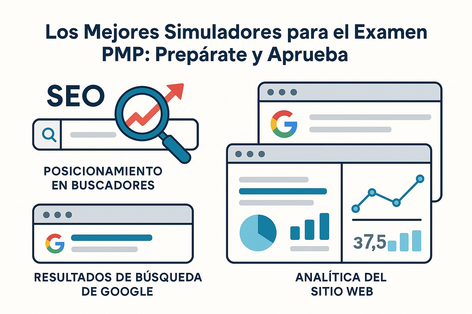 Ilustración de un gestor de proyectos usando un simulador con elementos visuales de gráficos y progreso, mostrando el lado analítico y estratégico.